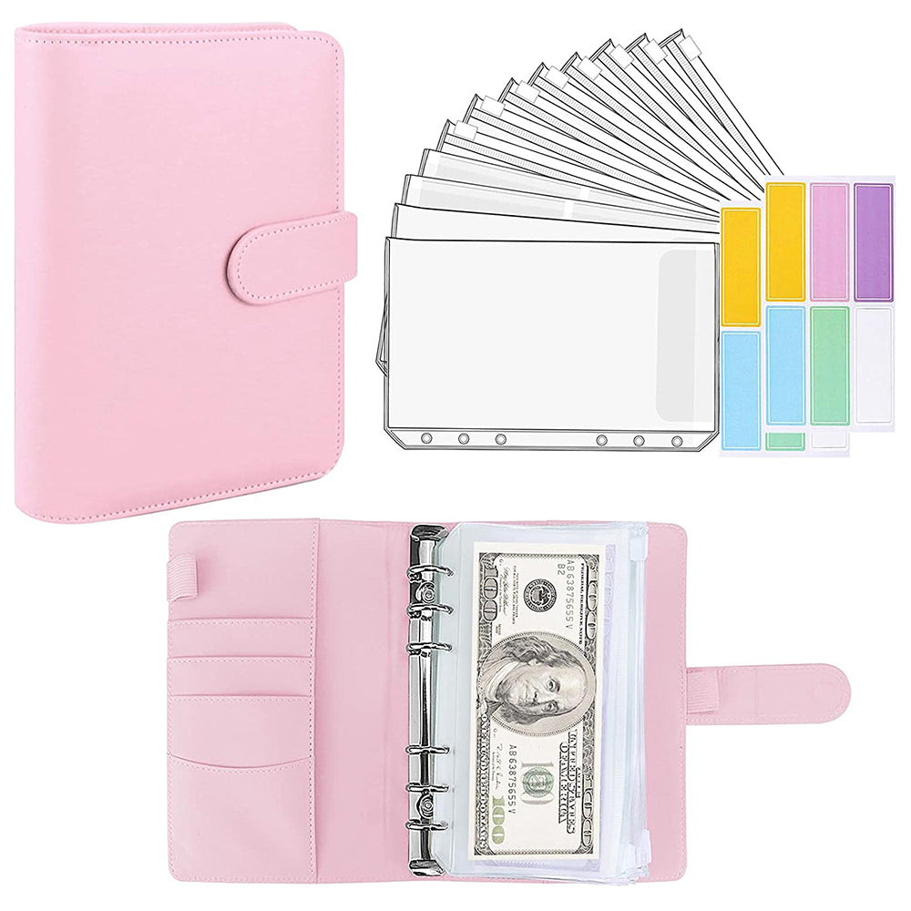 6 Rings A6 PU Leather Binder Bill Card Money Organizer Magnetic Clasp Binder Cover Notebook with 12 PVC Pockets and 2 Label Stickers