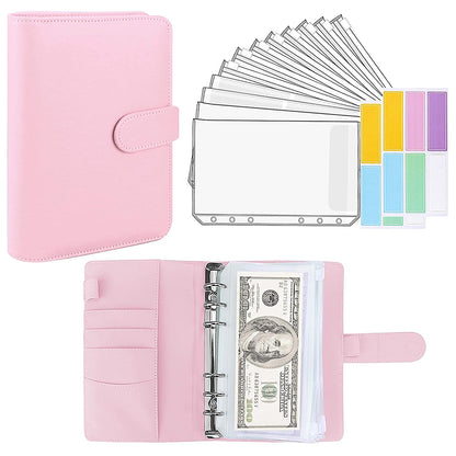 6 Rings A6 PU Leather Binder Bill Card Money Organizer Magnetic Clasp Binder Cover Notebook with 12 PVC Pockets and 2 Label Stickers