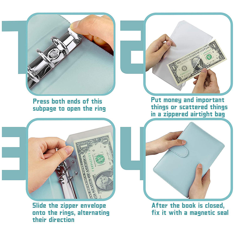 6 Rings A6 PU Leather Binder Bill Card Money Organizer Magnetic Clasp Binder Cover Notebook with 12 PVC Pockets and 2 Label Stickers