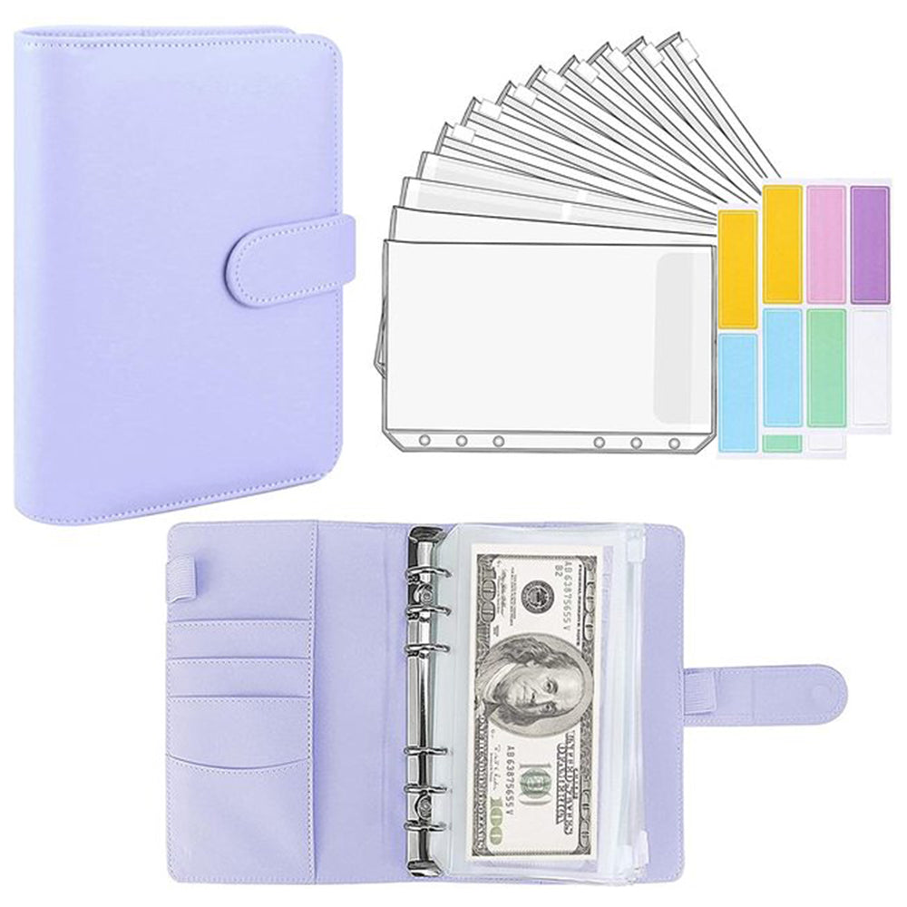 6 Rings A6 PU Leather Binder Bill Card Money Organizer Magnetic Clasp Binder Cover Notebook with 12 PVC Pockets and 2 Label Stickers