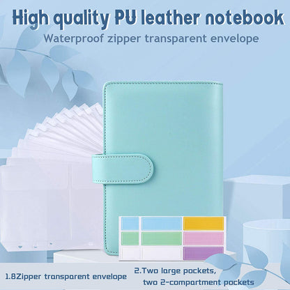 6 Rings A6 PU Leather Binder Bill Card Money Organizer Magnetic Clasp Binder Cover Notebook with 12 PVC Pockets and 2 Label Stickers