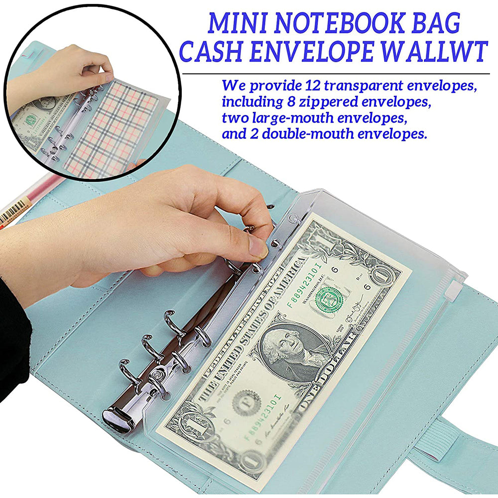 6 Rings A6 PU Leather Binder Bill Card Money Organizer Magnetic Clasp Binder Cover Notebook with 12 PVC Pockets and 2 Label Stickers