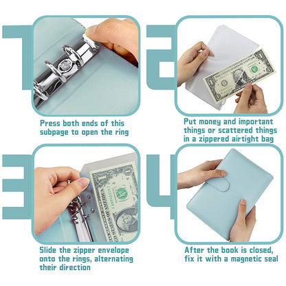 6 Rings A6 PU Leather Binder Bill Card Money Organizer Magnetic Clasp Binder Cover Notebook with 12 PVC Pockets and 2 Label Stickers