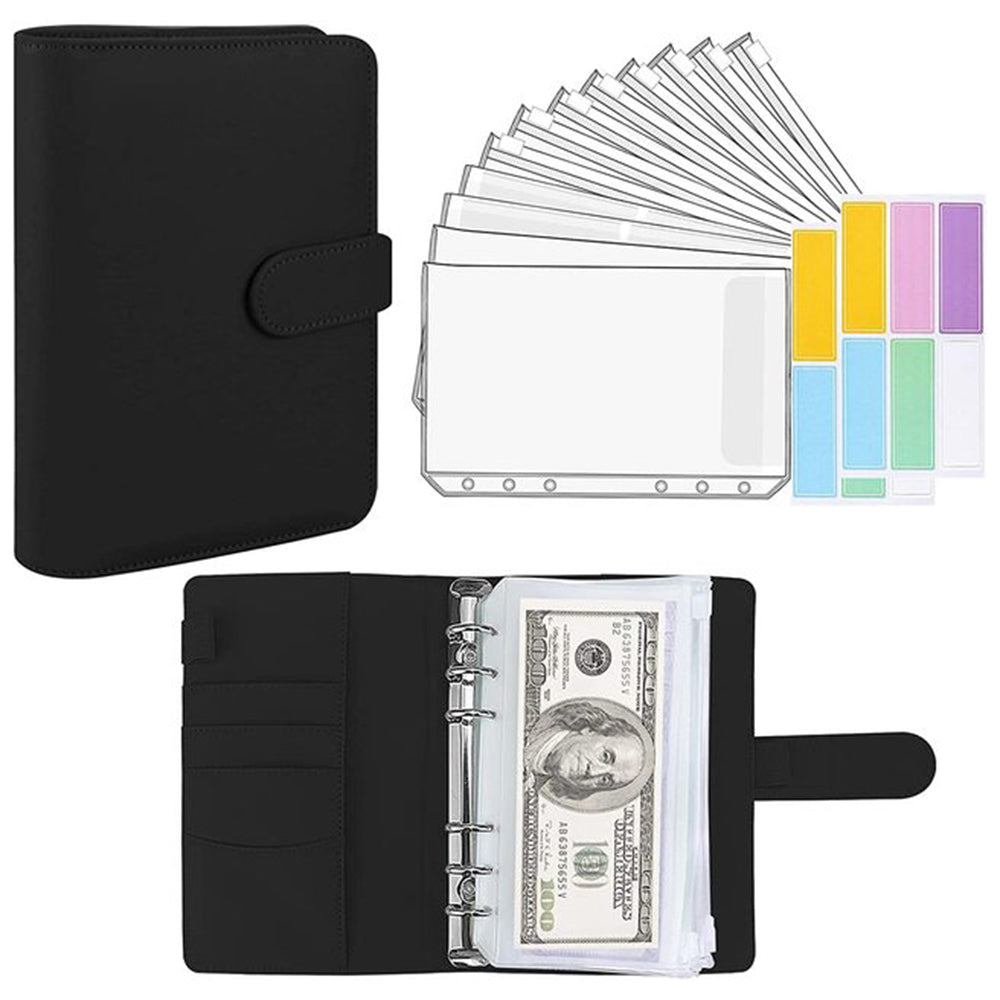 6 Rings A6 PU Leather Binder Bill Card Money Organizer Magnetic Clasp Binder Cover Notebook with 12 PVC Pockets and 2 Label Stickers