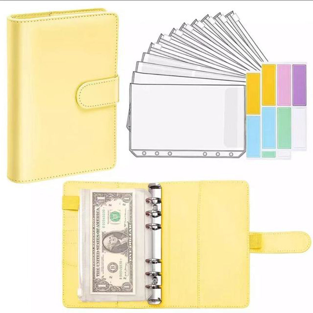 6 Rings A6 PU Leather Binder Bill Card Money Organizer Magnetic Clasp Binder Cover Notebook with 12 PVC Pockets and 2 Label Stickers