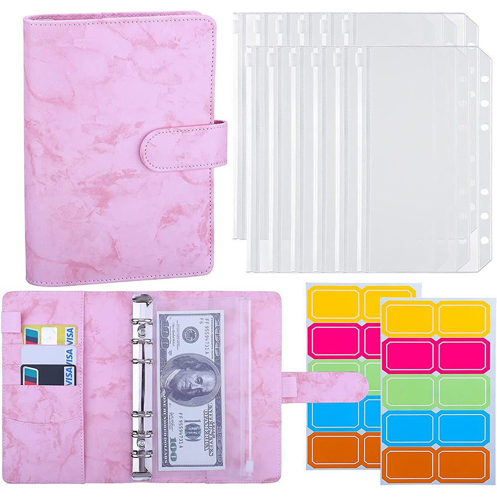 Marble Pattern A6 PU Leather Binder Magnetic Clasp 6 Rings Binder Cover Notebook with 12 PVC Pockets and 2 Random Color Label Stickers