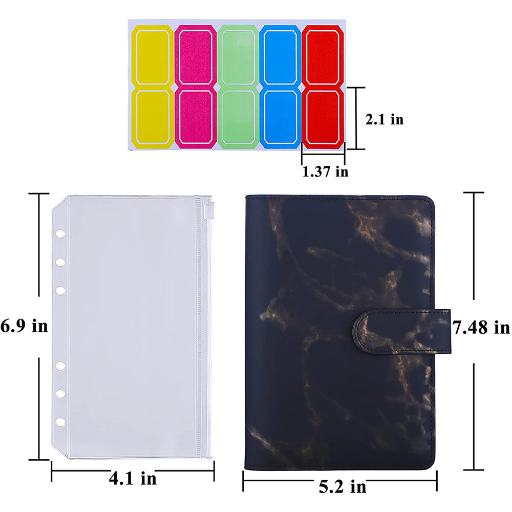 Marble Pattern A6 PU Leather Binder Magnetic Clasp 6 Rings Binder Cover Notebook with 12 PVC Pockets and 2 Random Color Label Stickers