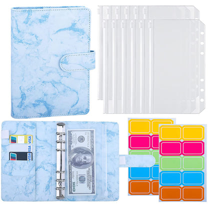 Marble Pattern A6 PU Leather Binder Magnetic Clasp 6 Rings Binder Cover Notebook with 12 PVC Pockets and 2 Random Color Label Stickers