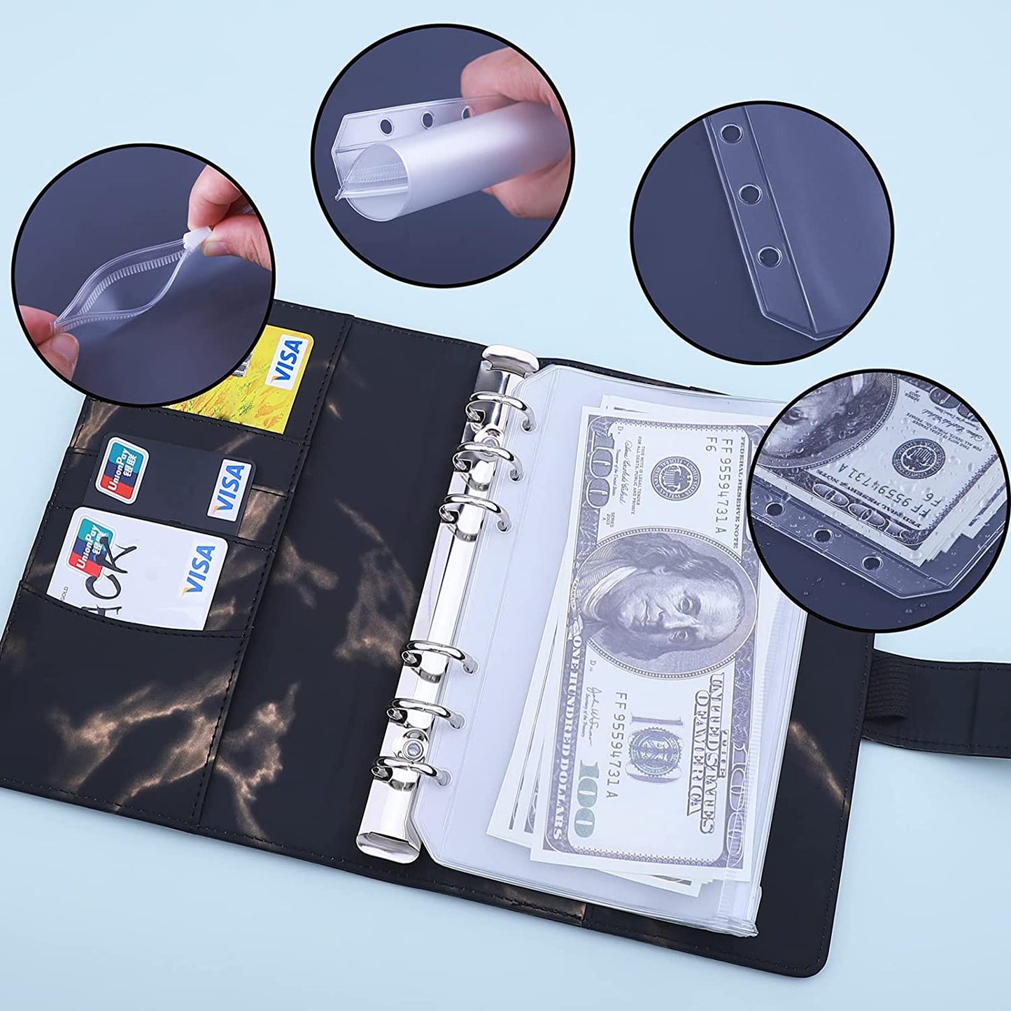 Marble Pattern A6 PU Leather Binder Magnetic Clasp 6 Rings Binder Cover Notebook with 12 PVC Pockets and 2 Random Color Label Stickers