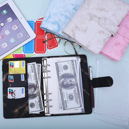 Marble Pattern A6 PU Leather Binder Magnetic Clasp 6 Rings Binder Cover Notebook with 12 PVC Pockets and 2 Random Color Label Stickers