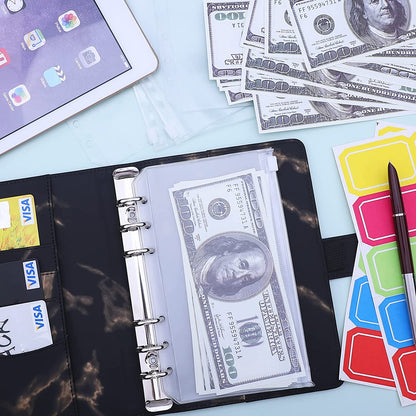 Marble Pattern A6 PU Leather Binder Magnetic Clasp 6 Rings Binder Cover Notebook with 12 PVC Pockets and 2 Random Color Label Stickers