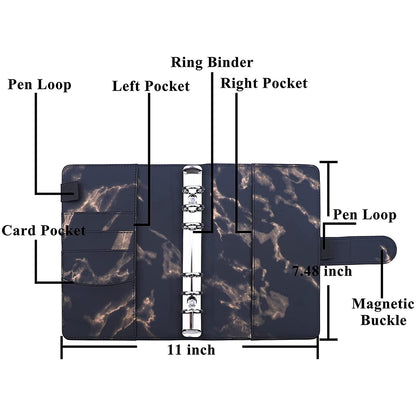 Marble Pattern A6 PU Leather Binder Magnetic Clasp 6 Rings Binder Cover Notebook with 12 PVC Pockets and 2 Random Color Label Stickers