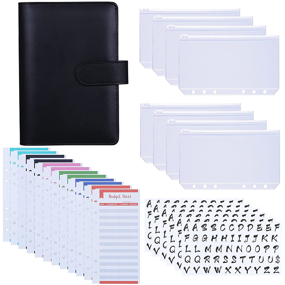 A6 Budget Binder PU Leather Budgeting Planner Organizer Book Cover with Zipper Envelopes for Budgeting, Expense Budget Sheets, Sticky Labels