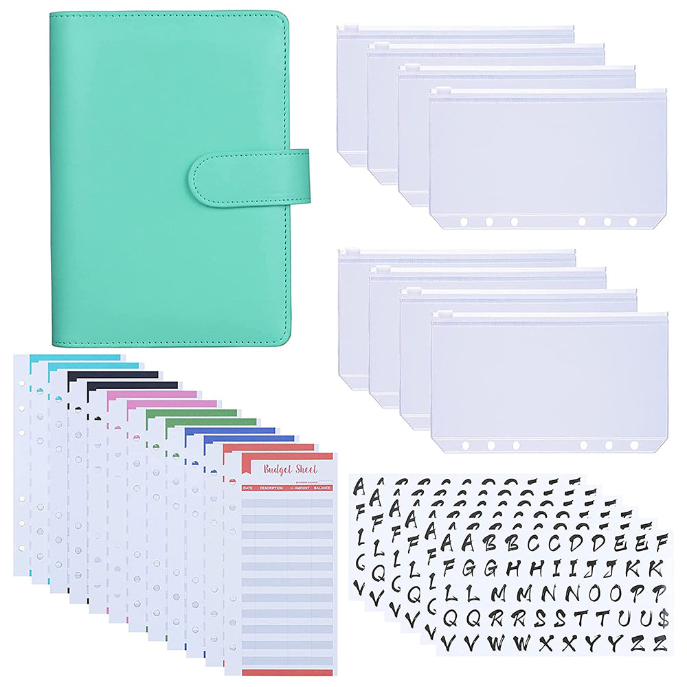 A6 Budget Binder PU Leather Budgeting Planner Organizer Book Cover with Zipper Envelopes for Budgeting, Expense Budget Sheets, Sticky Labels