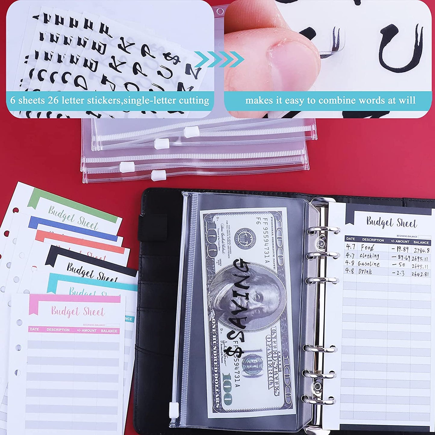 A6 Budget Binder PU Leather Budgeting Planner Organizer Book Cover with Zipper Envelopes for Budgeting, Expense Budget Sheets, Sticky Labels