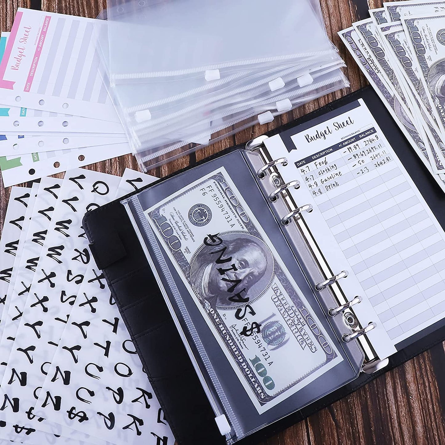 A6 Budget Binder PU Leather Budgeting Planner Organizer Book Cover with Zipper Envelopes for Budgeting, Expense Budget Sheets, Sticky Labels