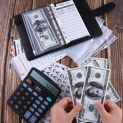 A6 Budget Binder PU Leather Budgeting Planner Organizer Book Cover with Zipper Envelopes for Budgeting, Expense Budget Sheets, Sticky Labels