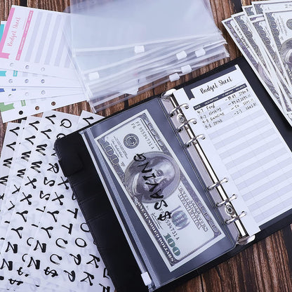 A6 Budget Binder PU Leather Budgeting Planner Organizer Book Cover with Zipper Envelopes for Budgeting, Expense Budget Sheets, Sticky Labels