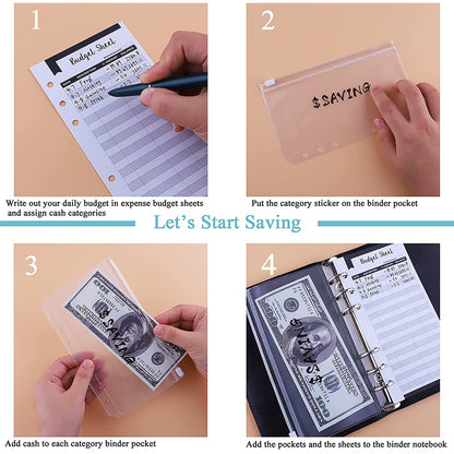 A6 Budget Binder PU Leather Budgeting Planner Organizer Book Cover with Zipper Envelopes for Budgeting, Expense Budget Sheets, Sticky Labels