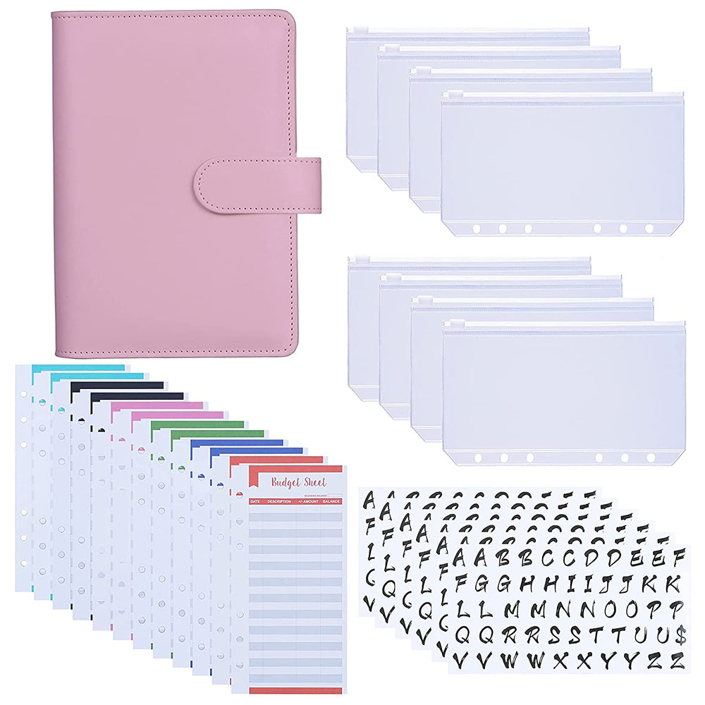 A6 Budget Binder PU Leather Budgeting Planner Organizer Book Cover with Zipper Envelopes for Budgeting, Expense Budget Sheets, Sticky Labels