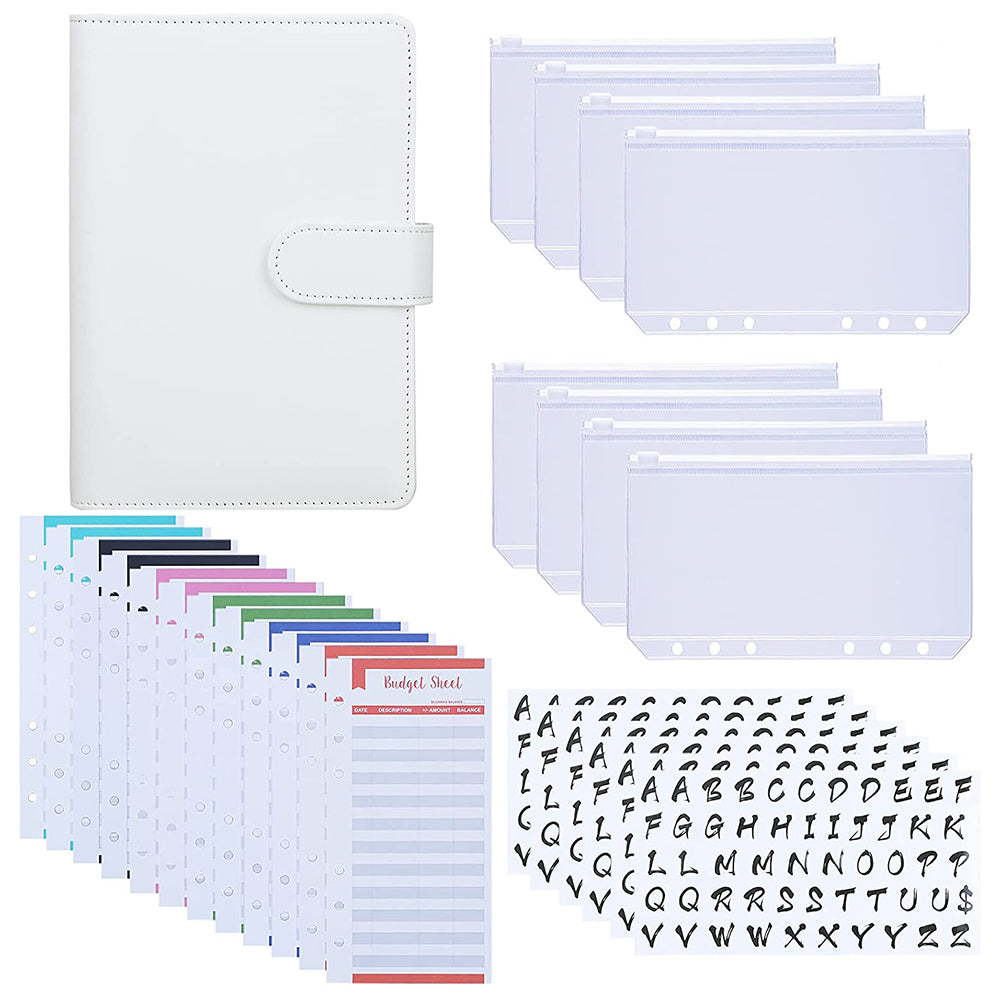 A6 Budget Binder PU Leather Budgeting Planner Organizer Book Cover with Zipper Envelopes for Budgeting, Expense Budget Sheets, Sticky Labels