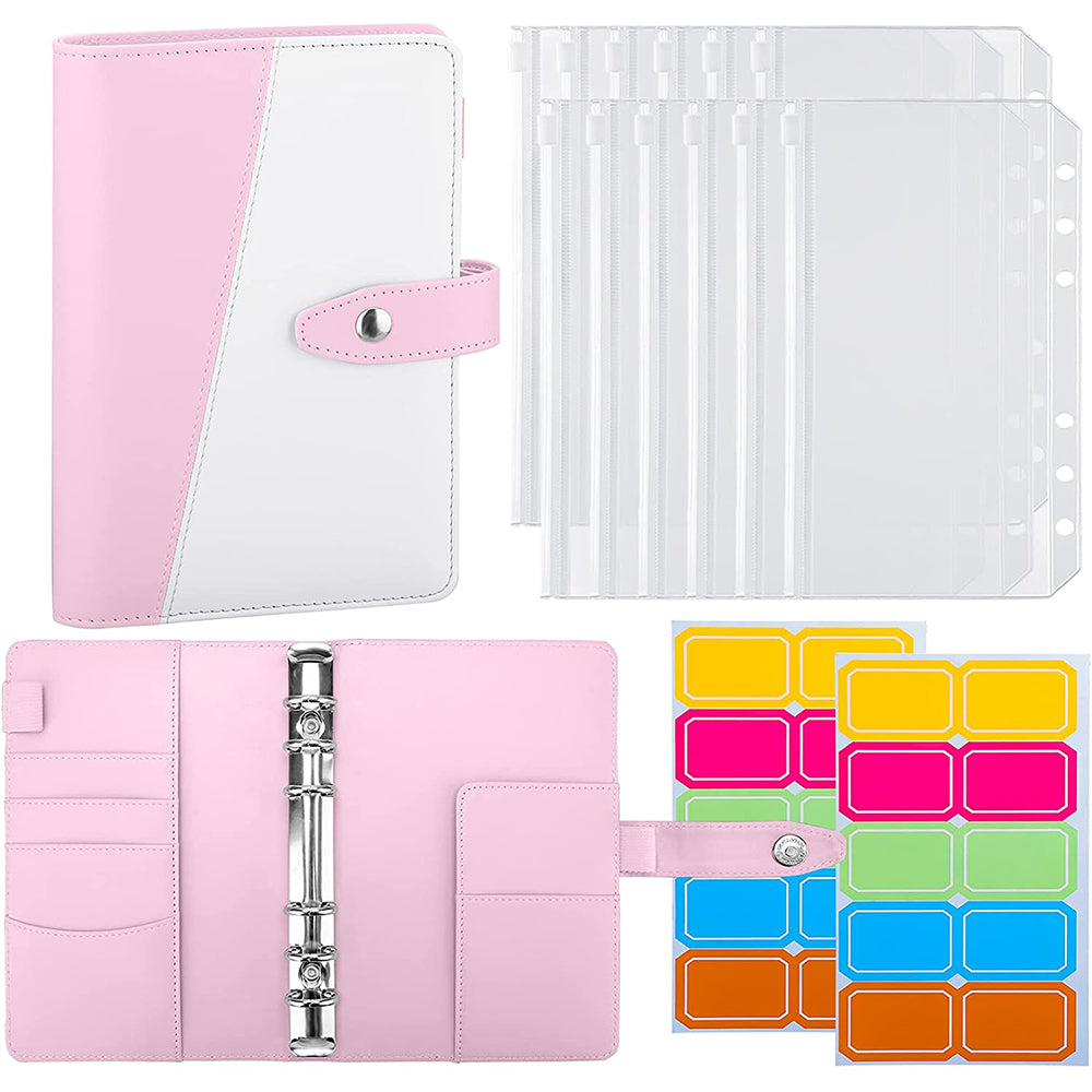 Splicing Design A6 PU Leather Binder Notebook 6 Rings Binder Cover with 12 PVC Pockets and 2 Random Color Label Stickers