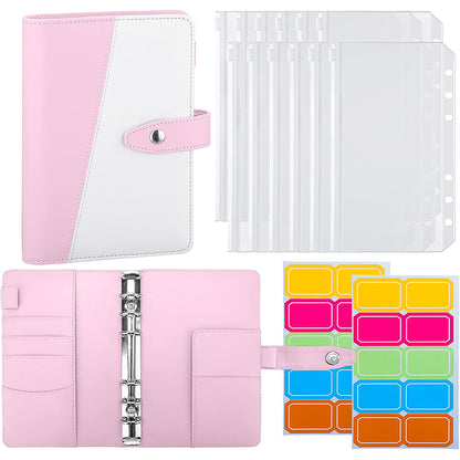 Splicing Design A6 PU Leather Binder Notebook 6 Rings Binder Cover with 12 PVC Pockets and 2 Random Color Label Stickers