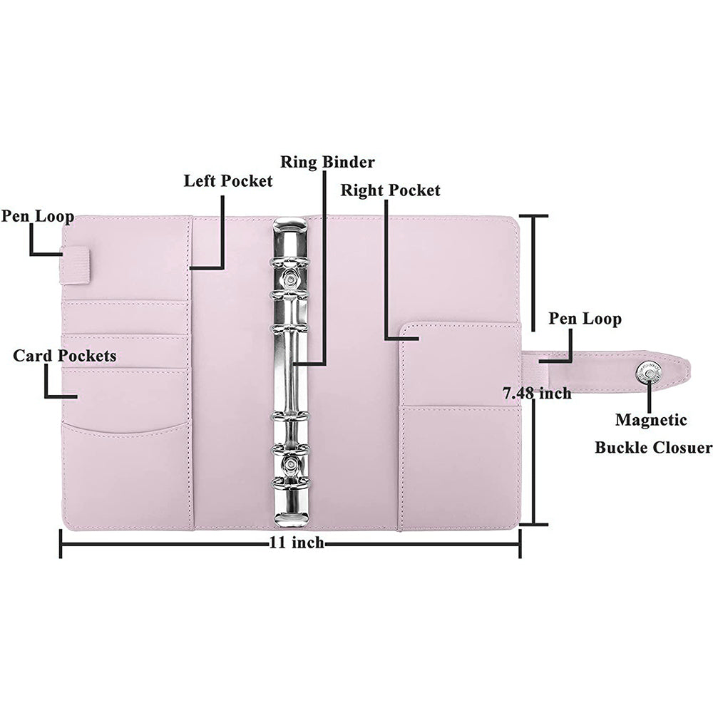 Splicing Design A6 PU Leather Binder Notebook 6 Rings Binder Cover with 12 PVC Pockets and 2 Random Color Label Stickers