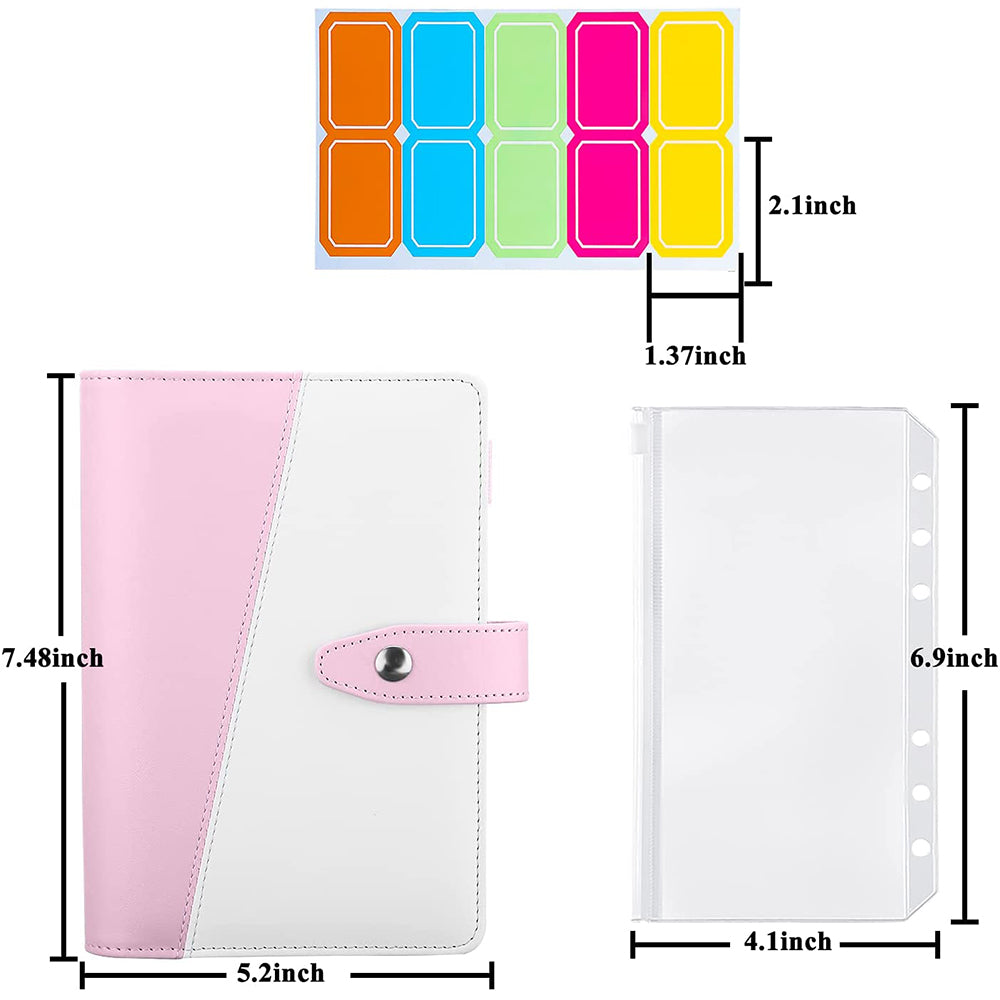 Splicing Design A6 PU Leather Binder Notebook 6 Rings Binder Cover with 12 PVC Pockets and 2 Random Color Label Stickers