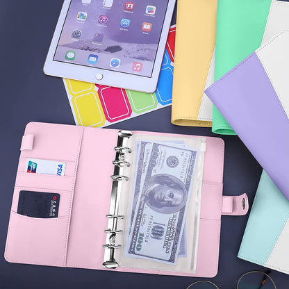 Splicing Design A6 PU Leather Binder Notebook 6 Rings Binder Cover with 12 PVC Pockets and 2 Random Color Label Stickers