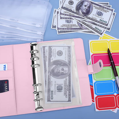 Splicing Design A6 PU Leather Binder Notebook 6 Rings Binder Cover with 12 PVC Pockets and 2 Random Color Label Stickers