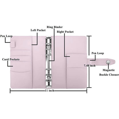 Splicing Design A6 PU Leather Binder Notebook 6 Rings Binder Cover with 12 PVC Pockets and 2 Random Color Label Stickers