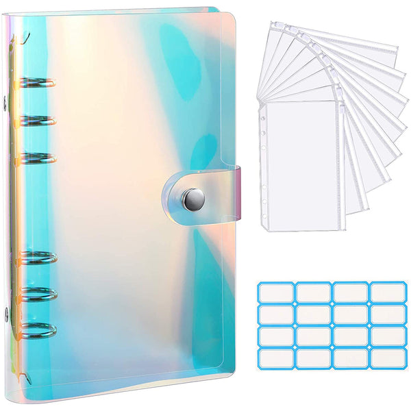 Rainbow Color A6 Money Binder Clear 6-Ring PVC Notebook Budget Binder Planner Money Organizer with Zippered Cash Envelope Pockets + Self-Adhesive Labels