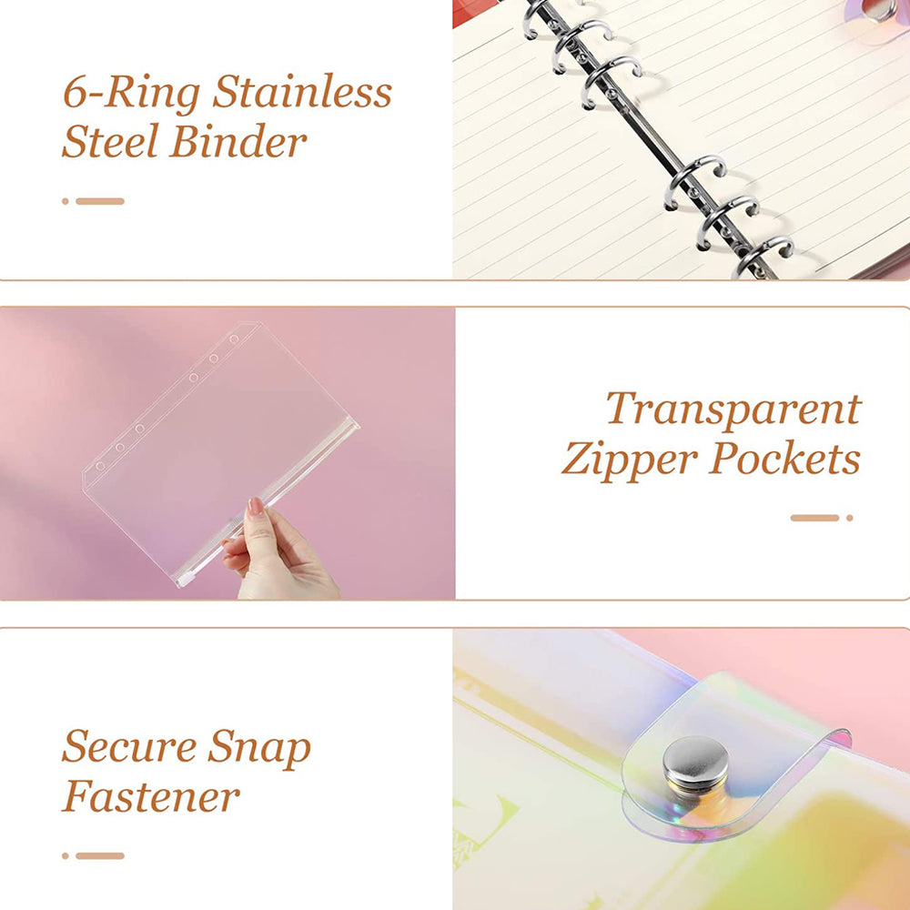 Rainbow Color A6 Money Binder Clear 6-Ring PVC Notebook Budget Binder Planner Money Organizer with Zippered Cash Envelope Pockets + Self-Adhesive Labels