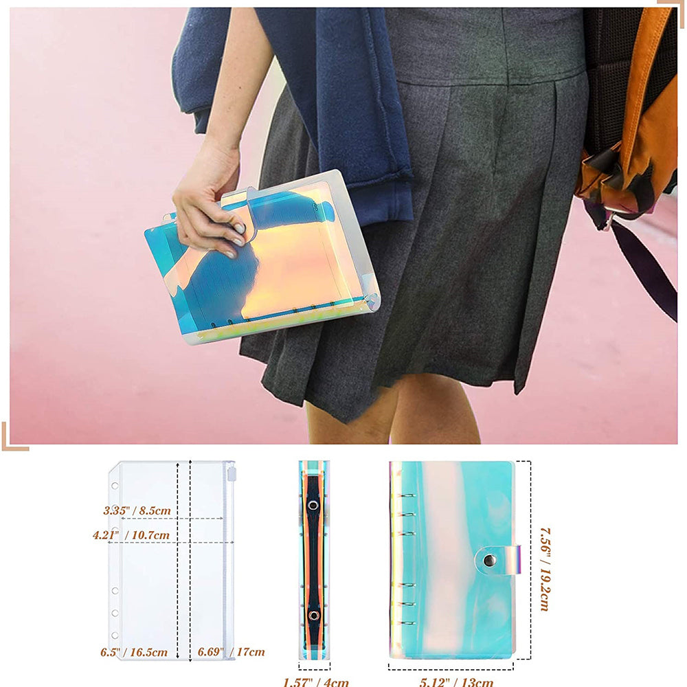 Rainbow Color A6 Money Binder Clear 6-Ring PVC Notebook Budget Binder Planner Money Organizer with Zippered Cash Envelope Pockets + Self-Adhesive Labels