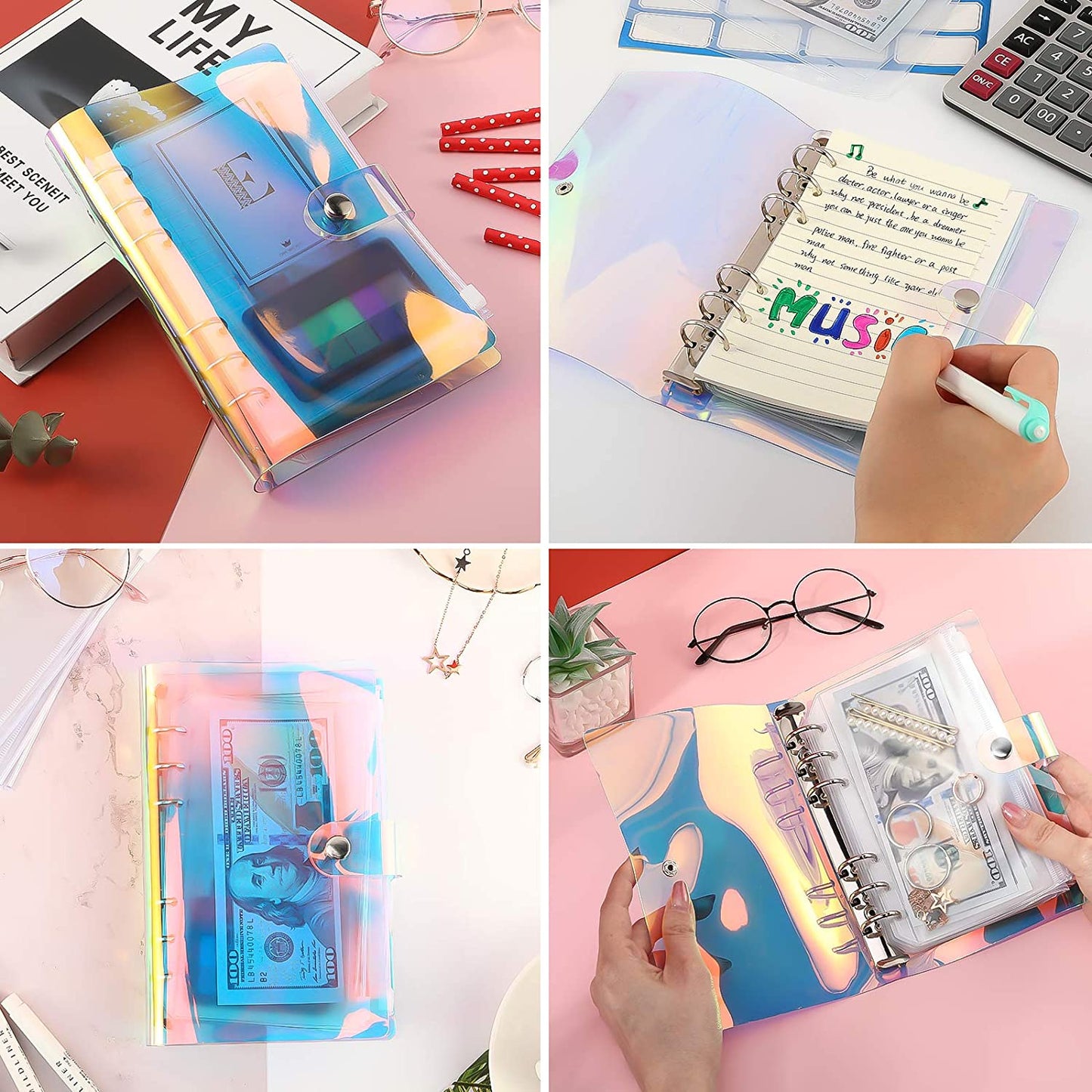 Rainbow Color A6 Money Binder Clear 6-Ring PVC Notebook Budget Binder Planner Money Organizer with Zippered Cash Envelope Pockets + Self-Adhesive Labels