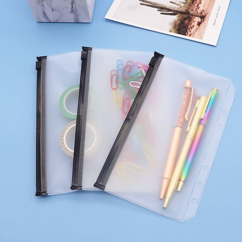 10PCS A6 Size Binder Pockets Black Zipper Binder Pouch Folders for 6-Ring Binder Loose Leaf Bags Waterproof PVC Bill Storage Bags