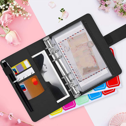 10PCS A6 Size Binder Pockets Black Zipper Binder Pouch Folders for 6-Ring Binder Loose Leaf Bags Waterproof PVC Bill Storage Bags