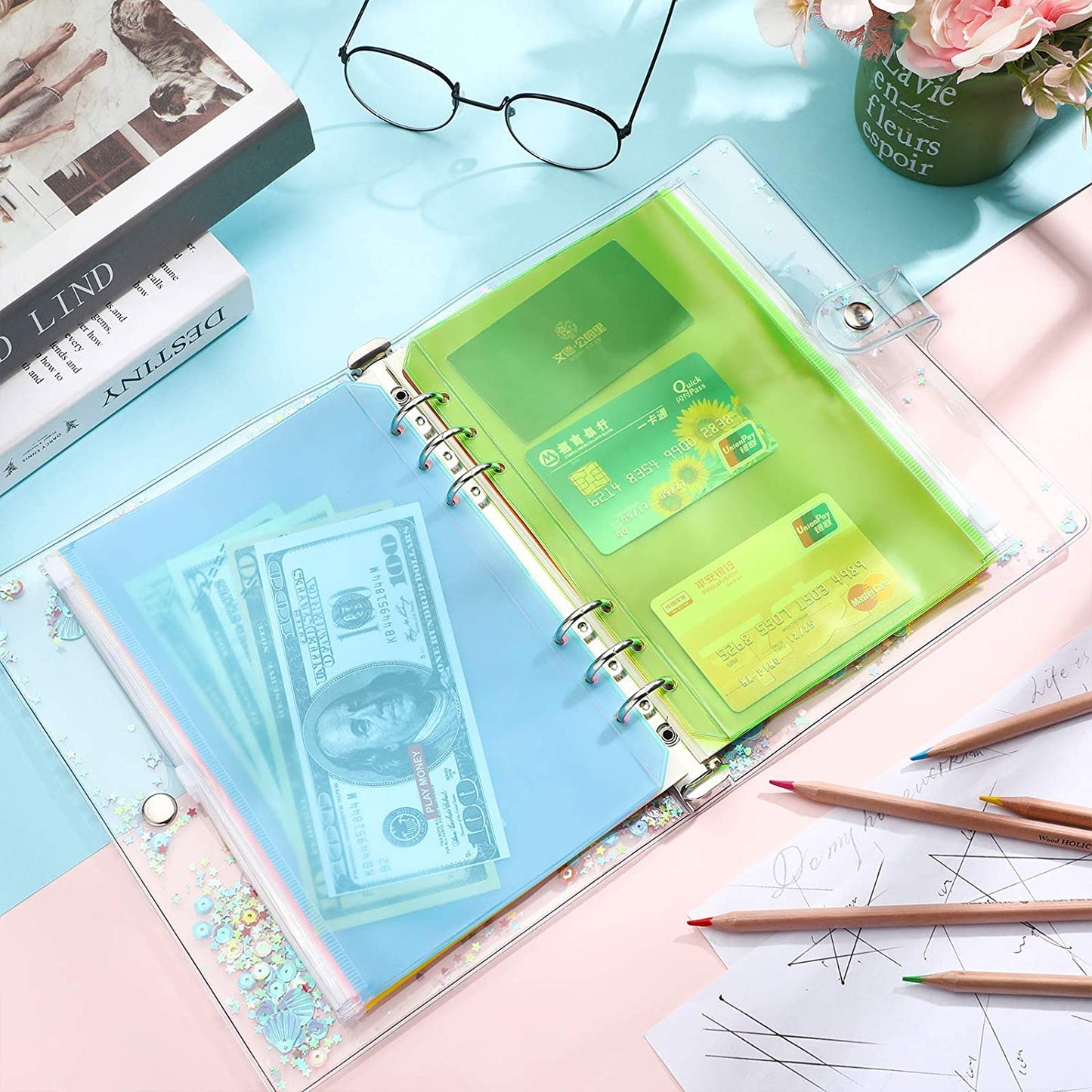 12PCS A5 Size Binder Pockets 6 Colors Zipper 6-Hole Folders Waterproof PVC Pouch Document Bill Bags Storage Bags