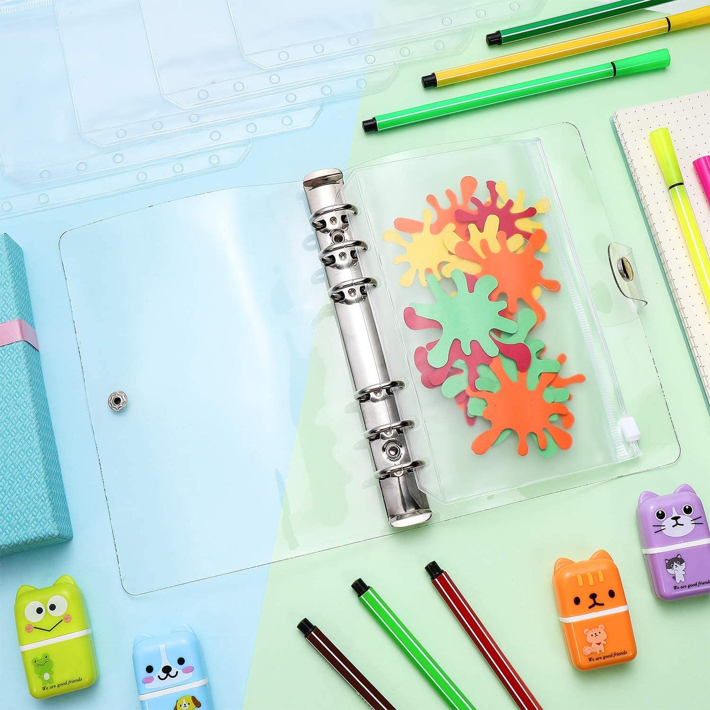 A6 PU Leather Notebook Binder Cover with 10 Waterproof Clear Binder Pocket Loose Leaf Bags PVC Pouch for Bills and Document