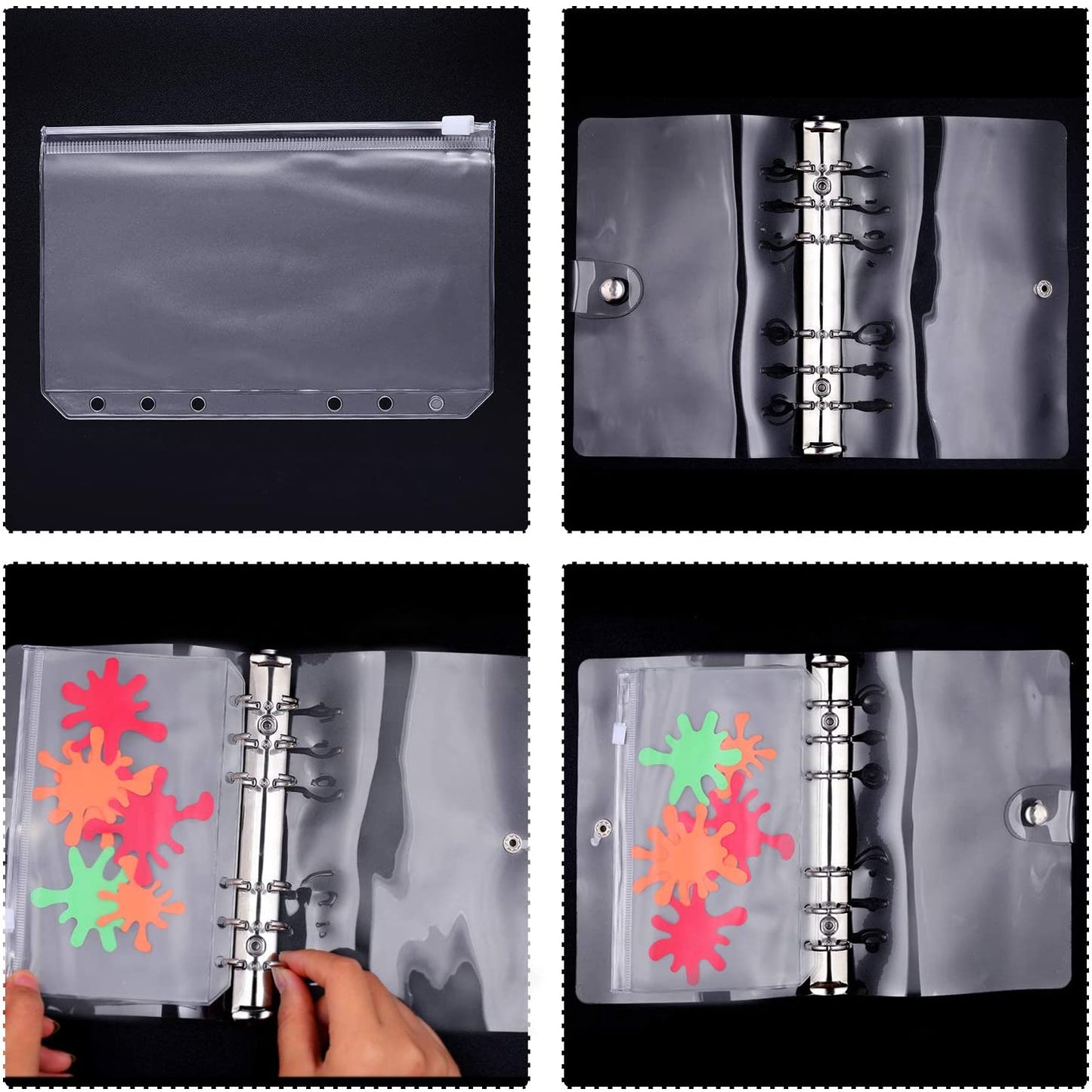 A6 PU Leather Notebook Binder Cover with 10 Waterproof Clear Binder Pocket Loose Leaf Bags PVC Pouch for Bills and Document