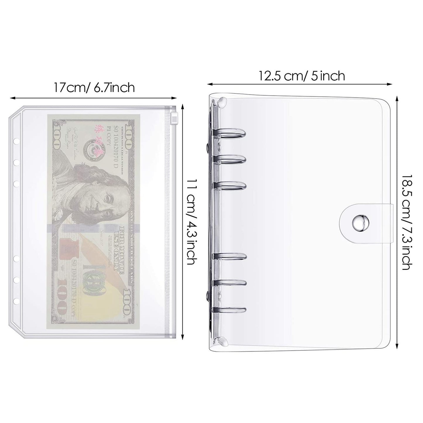 A6 PU Leather Notebook Binder Cover with 10 Waterproof Clear Binder Pocket Loose Leaf Bags PVC Pouch for Bills and Document