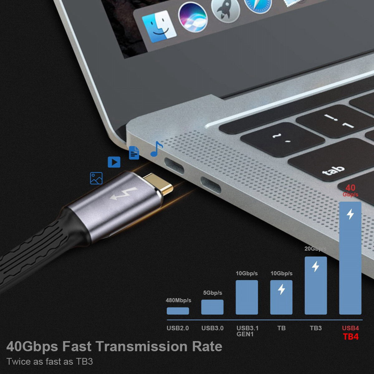 TB-005-0.13M 40Gbps ThunderBolt4 Transmission Cord Flat Slim 5A 100W Fast Charging Cable Supports 8K 60Hz 5K 60Hz Video Output