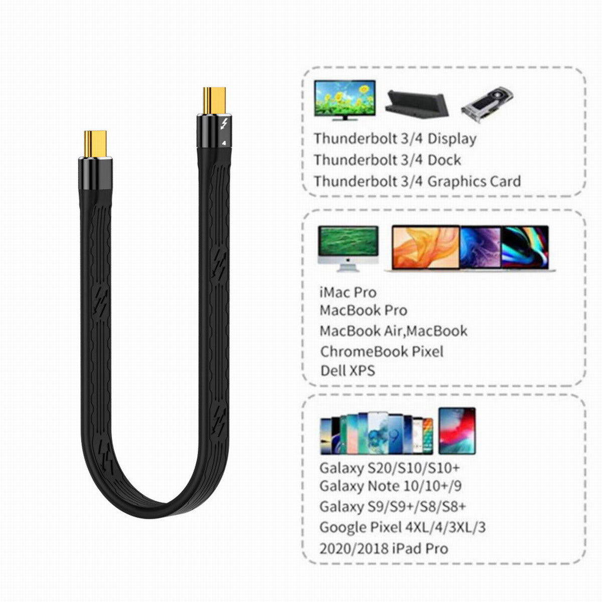 TB-005-0.22M ThunderBolt4 Flat Slim Cable 40Gbps 5A 100W Fast Charging Speed Supports 8K 60Hz 5K 60Hz Video Output