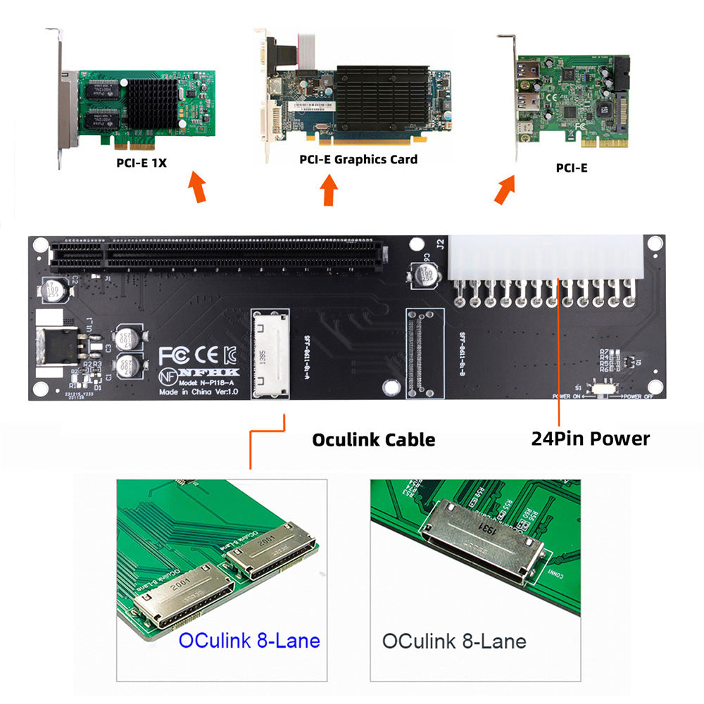 SF-066 Oculink 8X SFF-8612 SFF-8611 to PCIE PCI-Express 16X Adapter with ATX 24-Pin Power Port for Mainboard Graphics Card