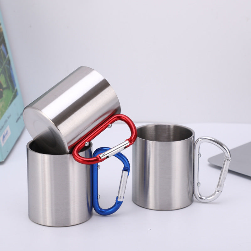 220ML Stainless Steel Camping Mug Portable Outdoor Hiking Coffee Cup Drinks Cup with Carabiner (No FDA Certification)