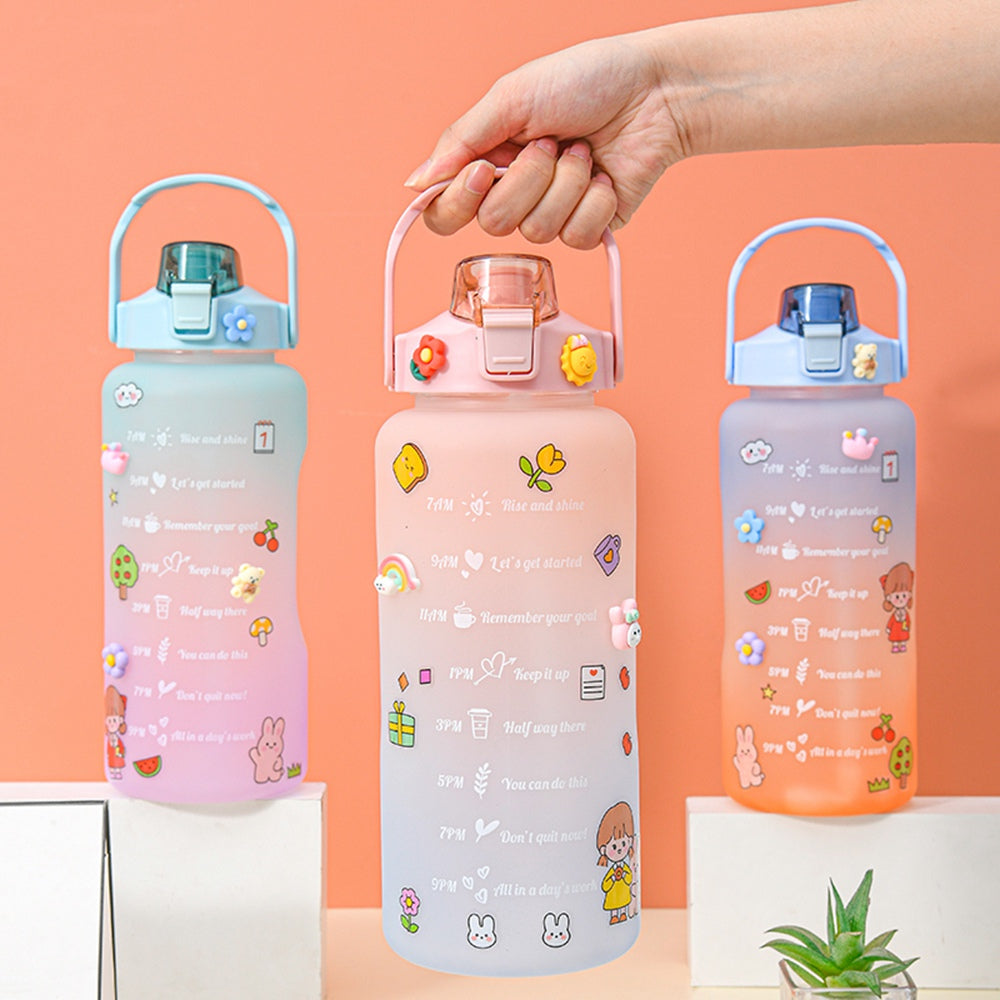 2000ml For Home Office Gym Motivational Time Scale Reminder Water Bottle Gradient Drink Kettle with Straw (No FDA Certificate, BPA-free)