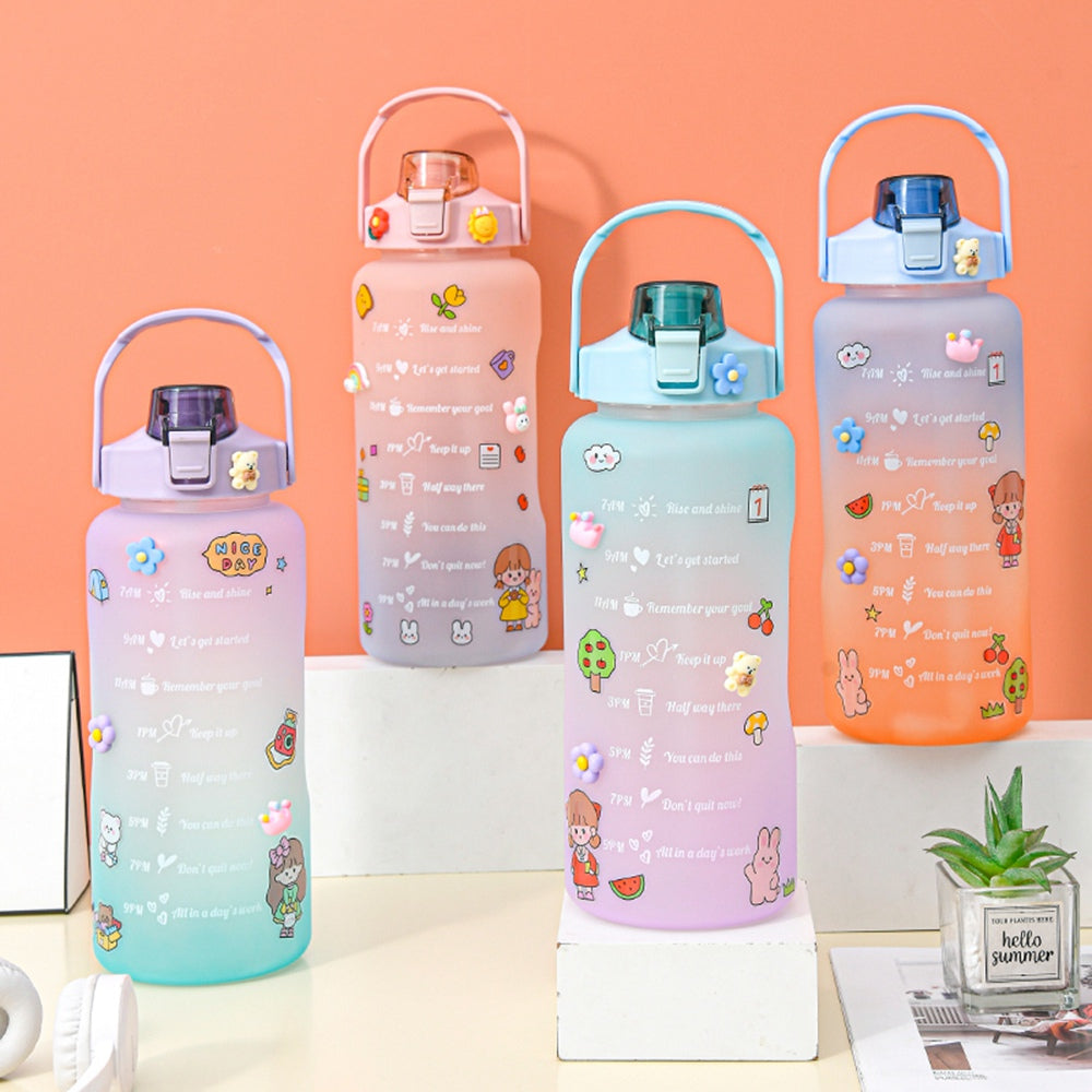 2000ml For Home Office Gym Motivational Time Scale Reminder Water Bottle Gradient Drink Kettle with Straw (No FDA Certificate, BPA-free)