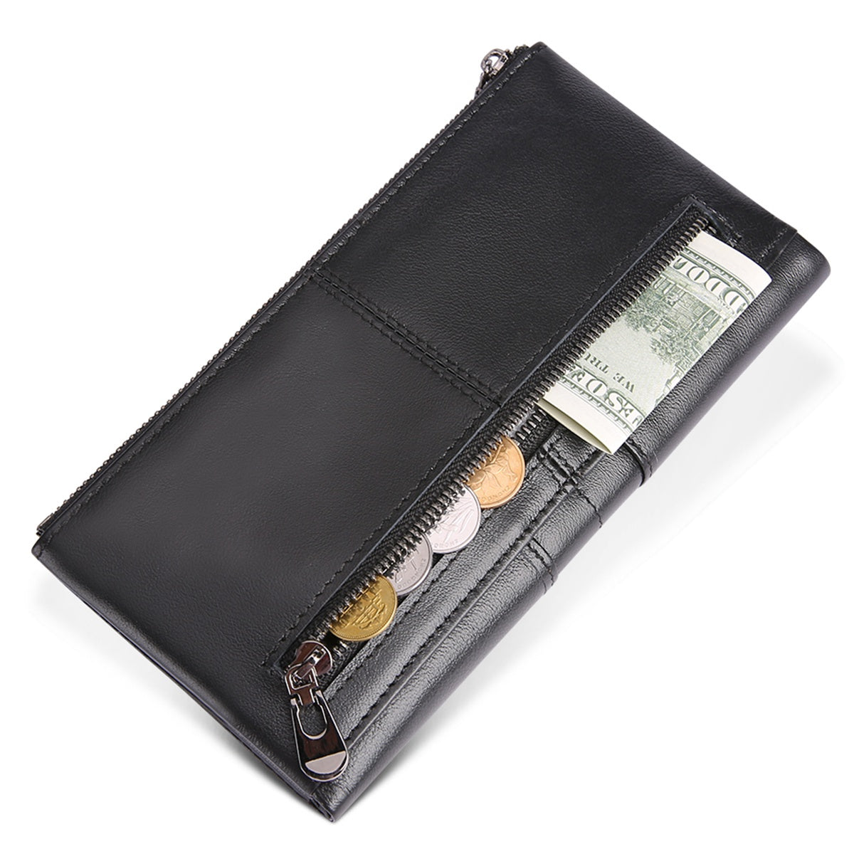 2072 Double Zipper Long Wallet RFID Blocking Top Layer Cowhide Cellphone Clutch Coin Purse Card Slots