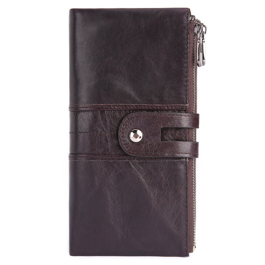 2072 Double Zipper Long Wallet RFID Blocking Top Layer Cowhide Cellphone Clutch Coin Purse Card Slots
